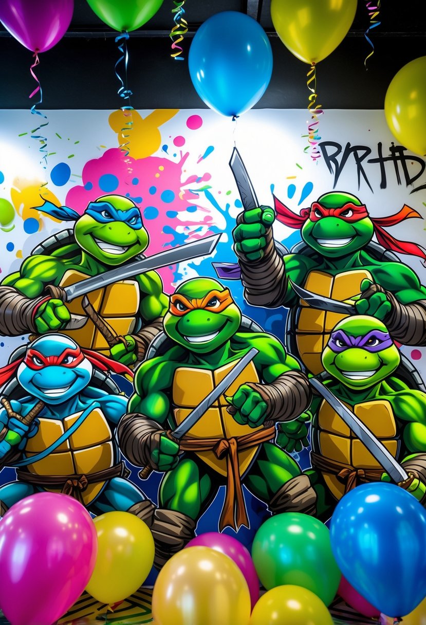 A decorated wall with colorful Teenage Mutant Ninja Turtles characters and birthday party decorations including balloons and streamers.