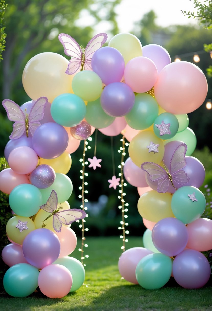 A colorful balloon arch decorated with pastel balloons and fairy-themed decorations in a garden setting for a little girl's birthday party.