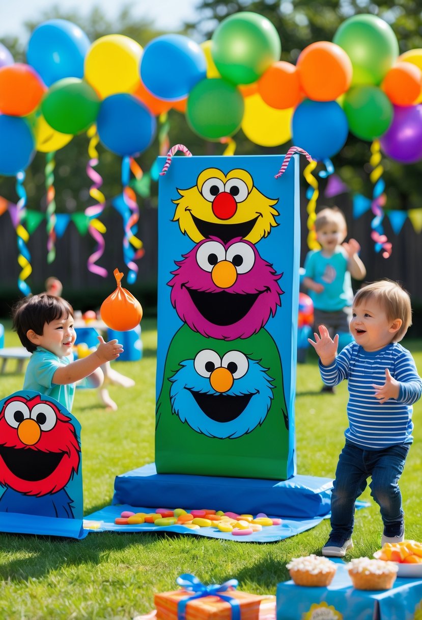Children playing a bean bag toss game with Sesame Street character targets at a colorful outdoor birthday party.