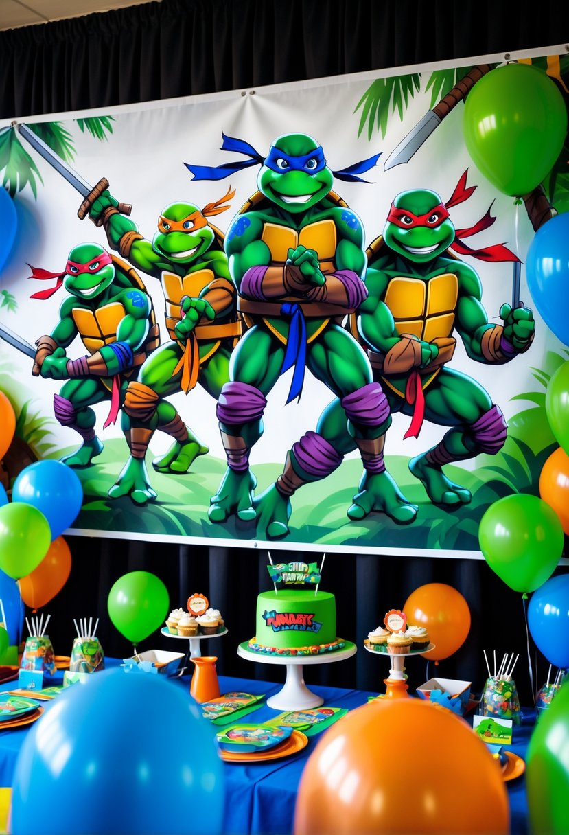 A colorful children's birthday party setup with a large Teenage Mutant Ninja Turtles themed banner showing the four turtles in action poses, surrounded by matching decorations and a themed birthday cake.