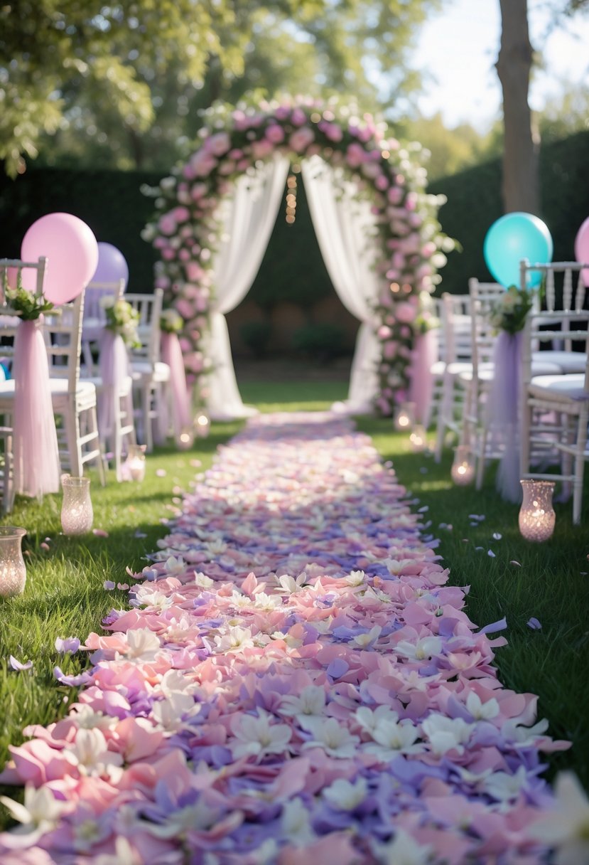 A flower petal-covered aisle runner surrounded by pastel balloons and fairy lights in a garden setting for a little girl's birthday party.