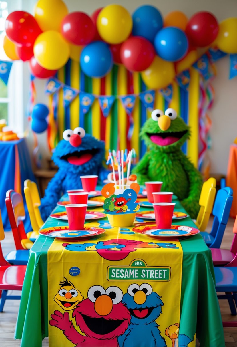 A colorful birthday party table with Sesame Street character-themed tablecloths and matching decorations for toddlers.