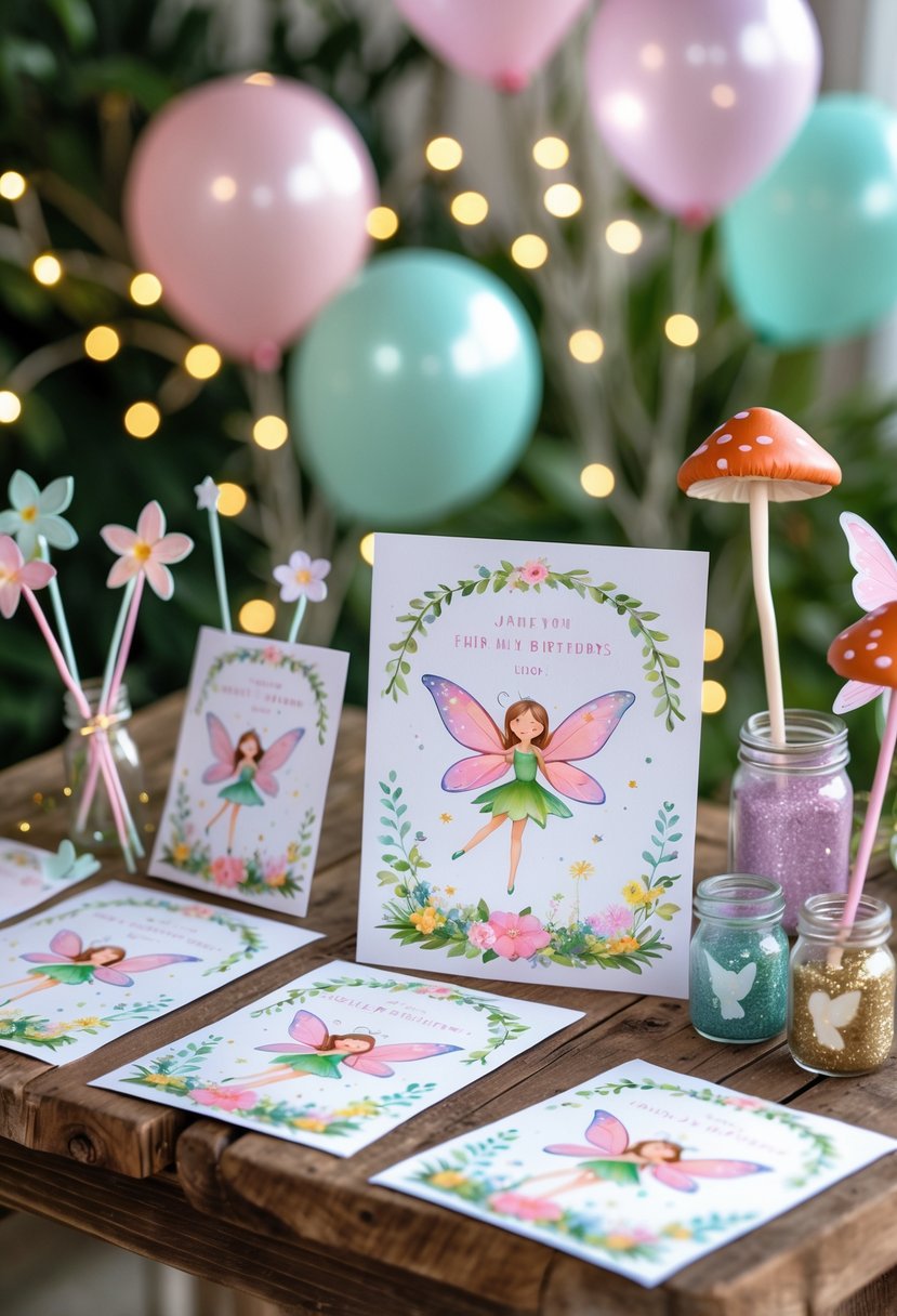 A collection of colorful fairy-themed birthday invitations and party decorations arranged on a wooden table with fairy figurines, balloons, and glowing lights.