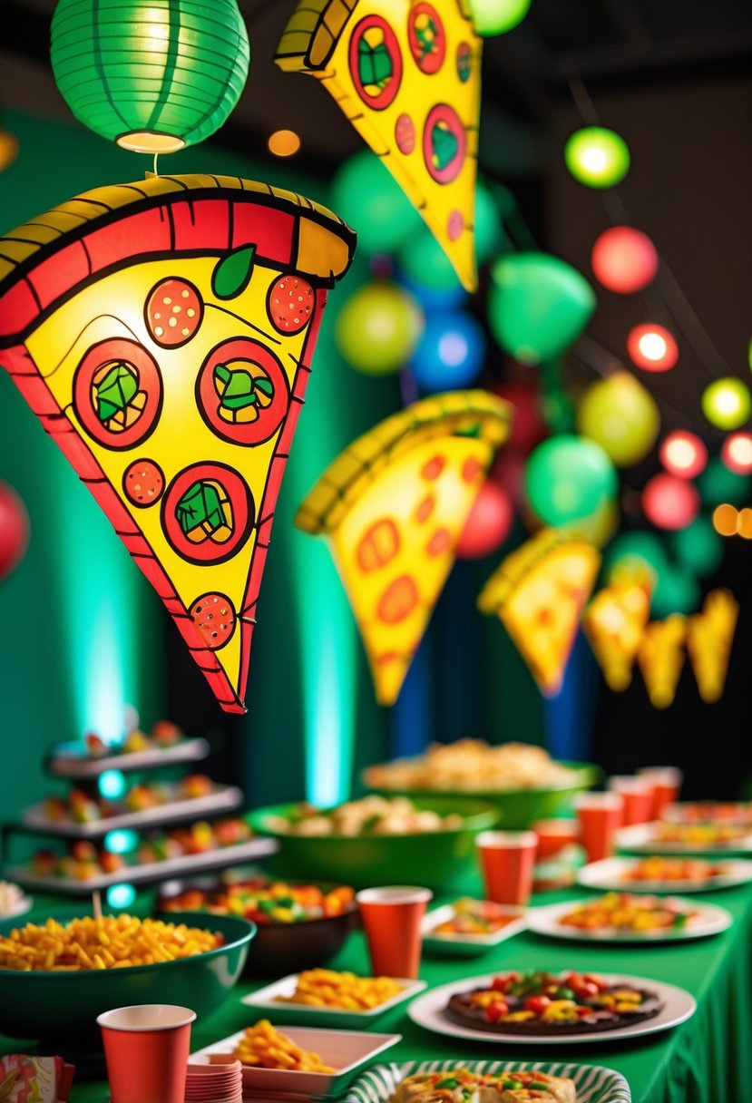 Pizza slice-shaped lanterns hanging above a decorated food table at a children's birthday party.