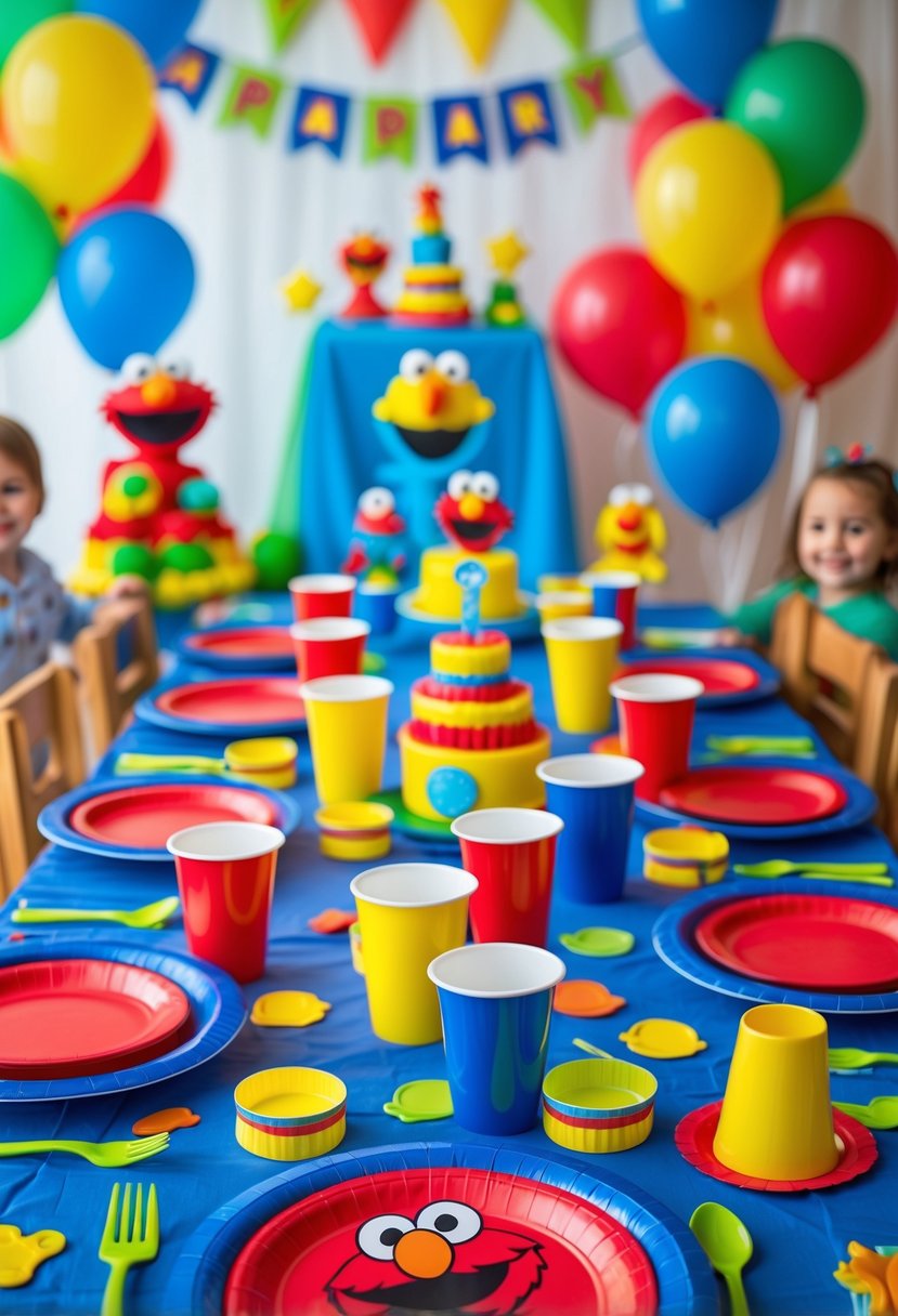 A colorful birthday party table with bright primary color plates, cups, and Sesame Street themed decorations for toddlers.