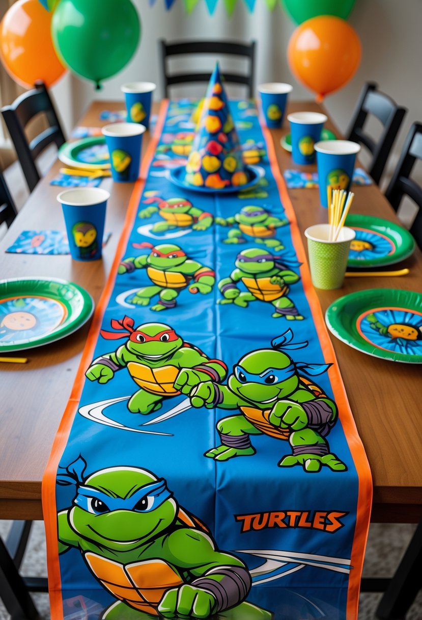 A children's birthday party table decorated with a colorful Ninja Turtles comic strip themed table runner and matching party supplies.