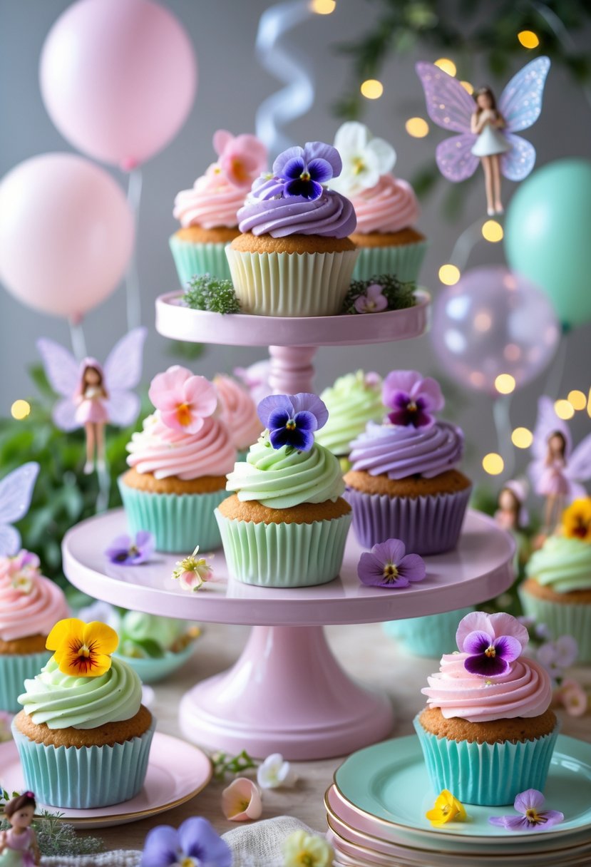 A display of cupcakes topped with edible flowers surrounded by fairy-themed birthday decorations including fairy lights and pastel balloons.
