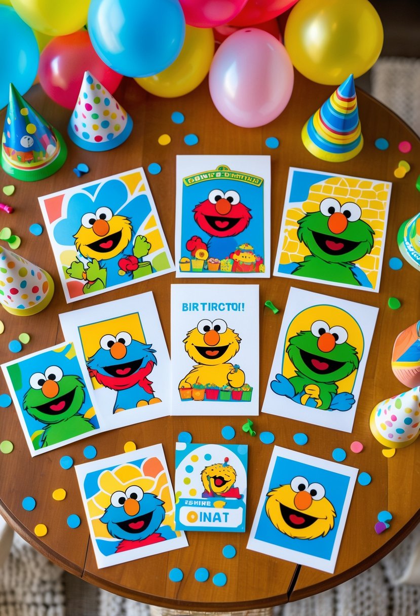 A flat lay of colorful Sesame Street-themed birthday invitation cards surrounded by balloons, confetti, and party decorations on a wooden table.