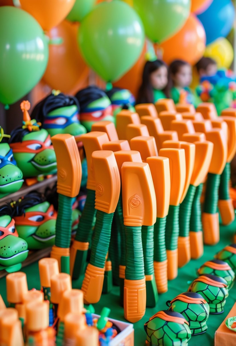 A colorful table display of orange nunchaku-shaped party favors and Teenage Mutant Ninja Turtles birthday decorations for children.