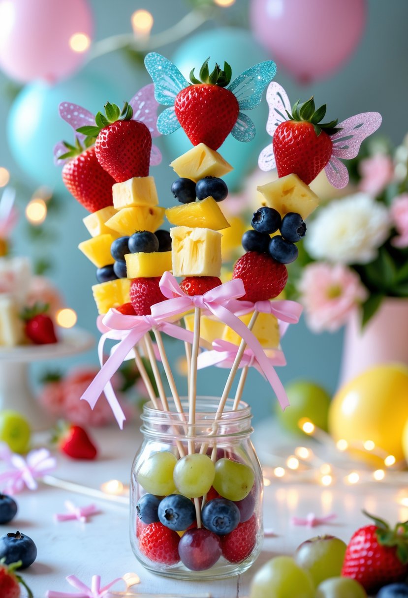 Fruit kabobs arranged as magical fairy wands with fresh fruit and ribbons on a decorated birthday party table.