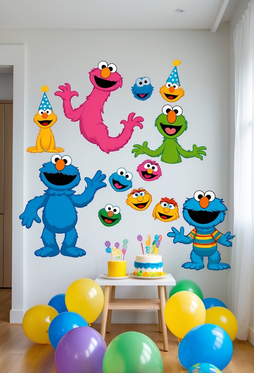 A toddler's birthday party room decorated with colorful Sesame Street character wall decals and festive party items.