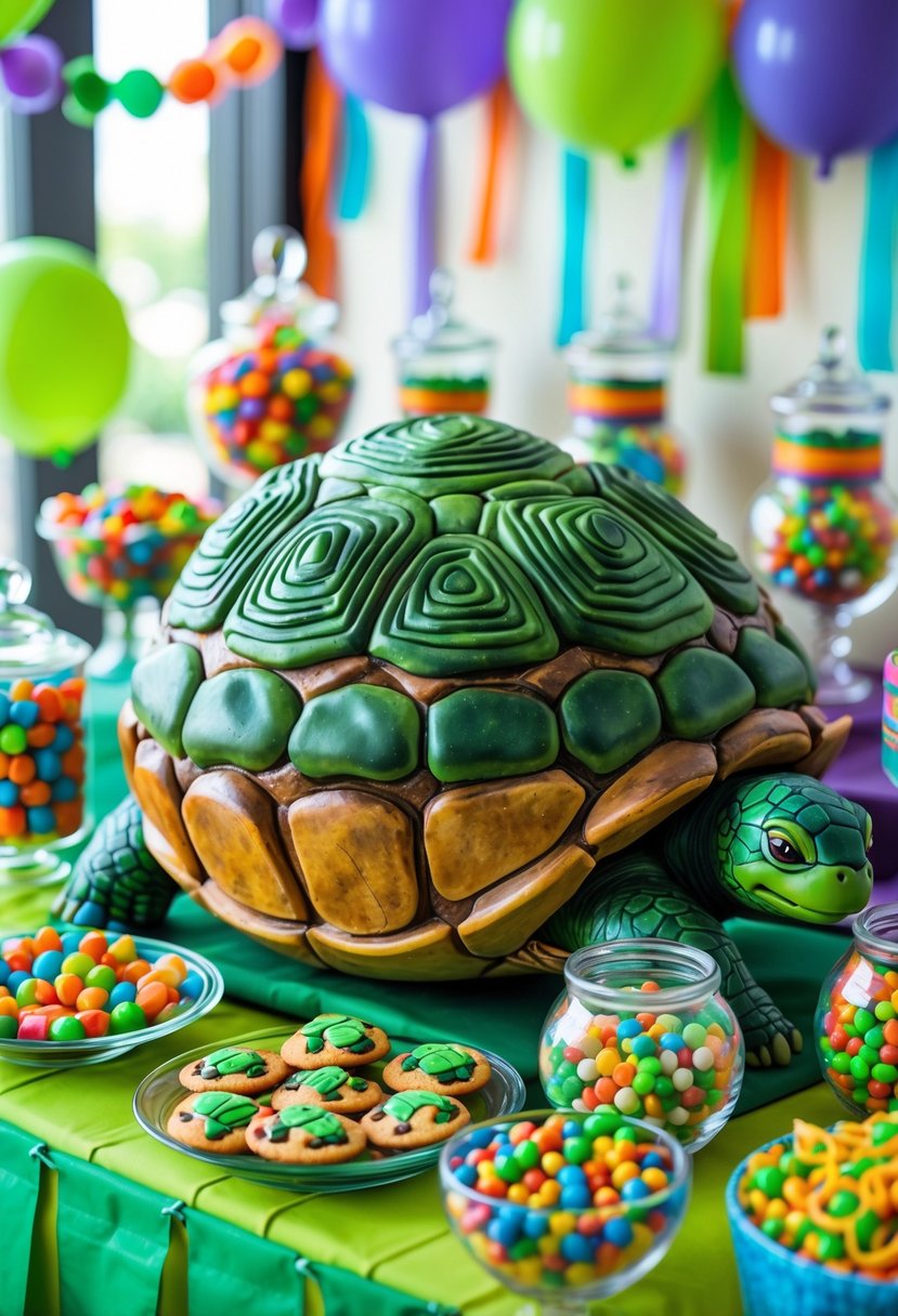 A birthday party table with a turtle shell cookie jar surrounded by colorful candies and Ninja Turtles-themed decorations.