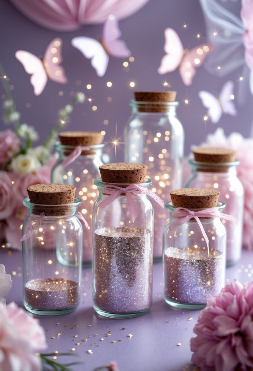 Glass jars filled with glitter arranged on a pastel table with fairy-themed birthday decorations in the background.