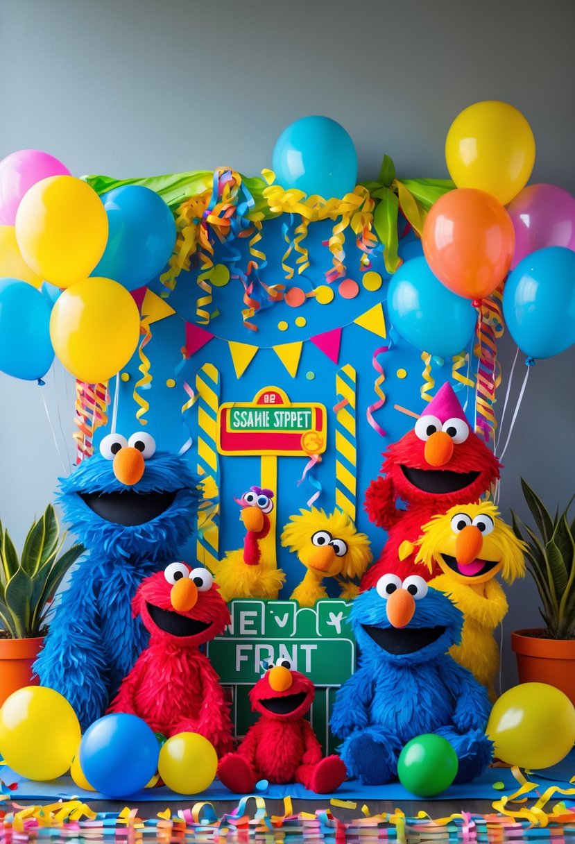 A colorful birthday party photo booth backdrop with large character cutouts of Elmo and friends, balloons, and festive decorations for toddlers.