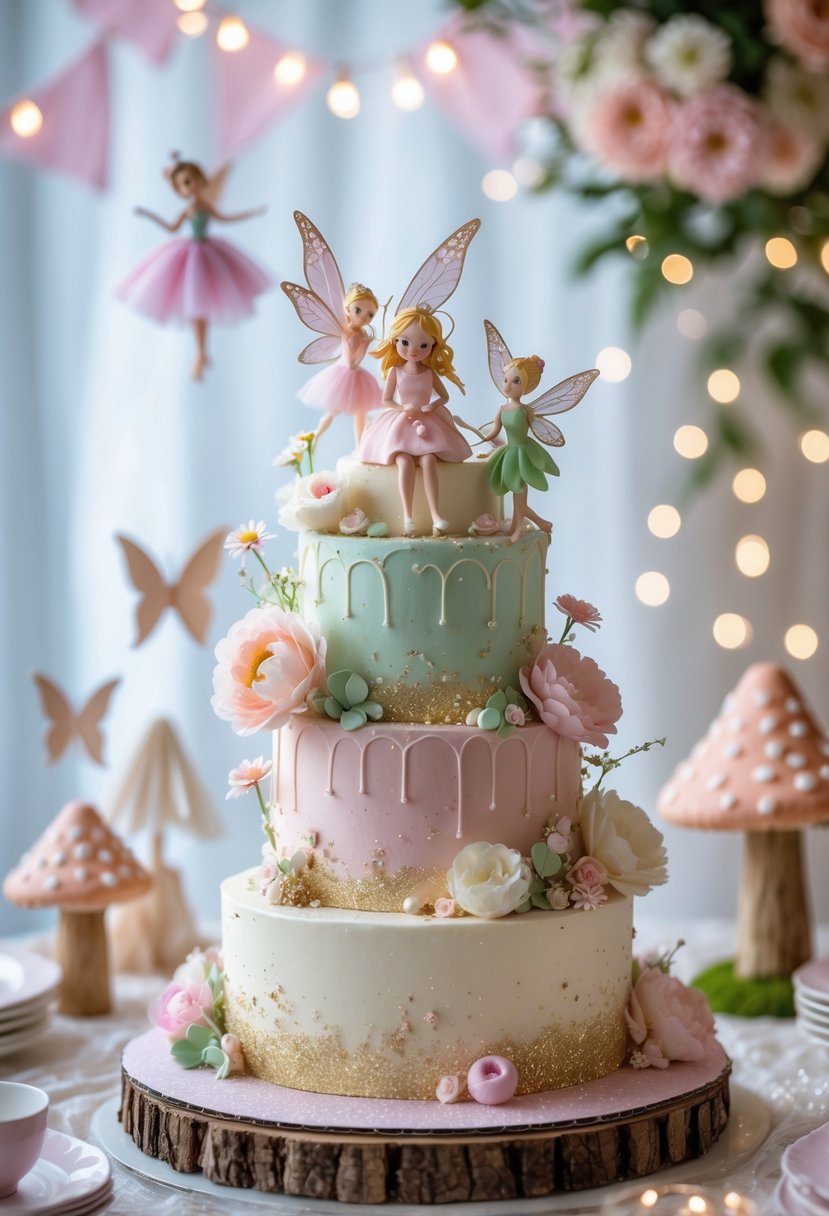 A vintage fairy cake decorated with fondant fairies surrounded by fairy-themed birthday party decorations.