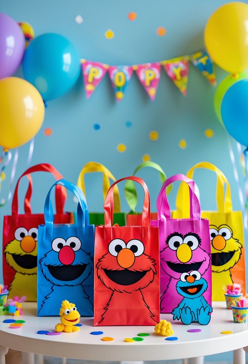 A table with colorful Sesame Street themed favor bags and toddler birthday party decorations including balloons and confetti.