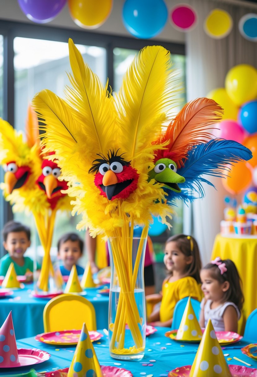 A birthday party setup with large yellow feather centerpieces on tables and colorful decorations, with children and adults celebrating in the background.