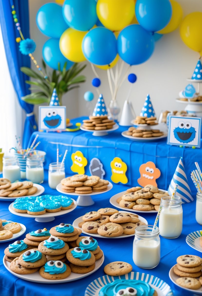 A colorful snack table decorated with Cookie Monster-themed cookies, blue balloons, and party decorations for a toddler's birthday party.