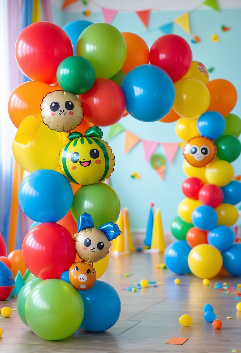 A colorful balloon garland with balloons in red, yellow, green, blue, and orange arranged for a child's birthday party celebration.