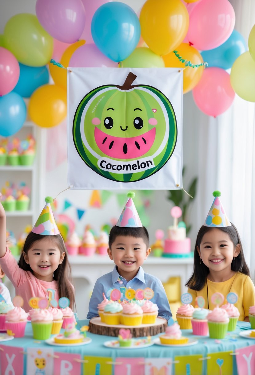 A cheerful children's birthday party with a personalized JJ character banner, colorful balloons, cupcakes, and kids celebrating in a decorated room.