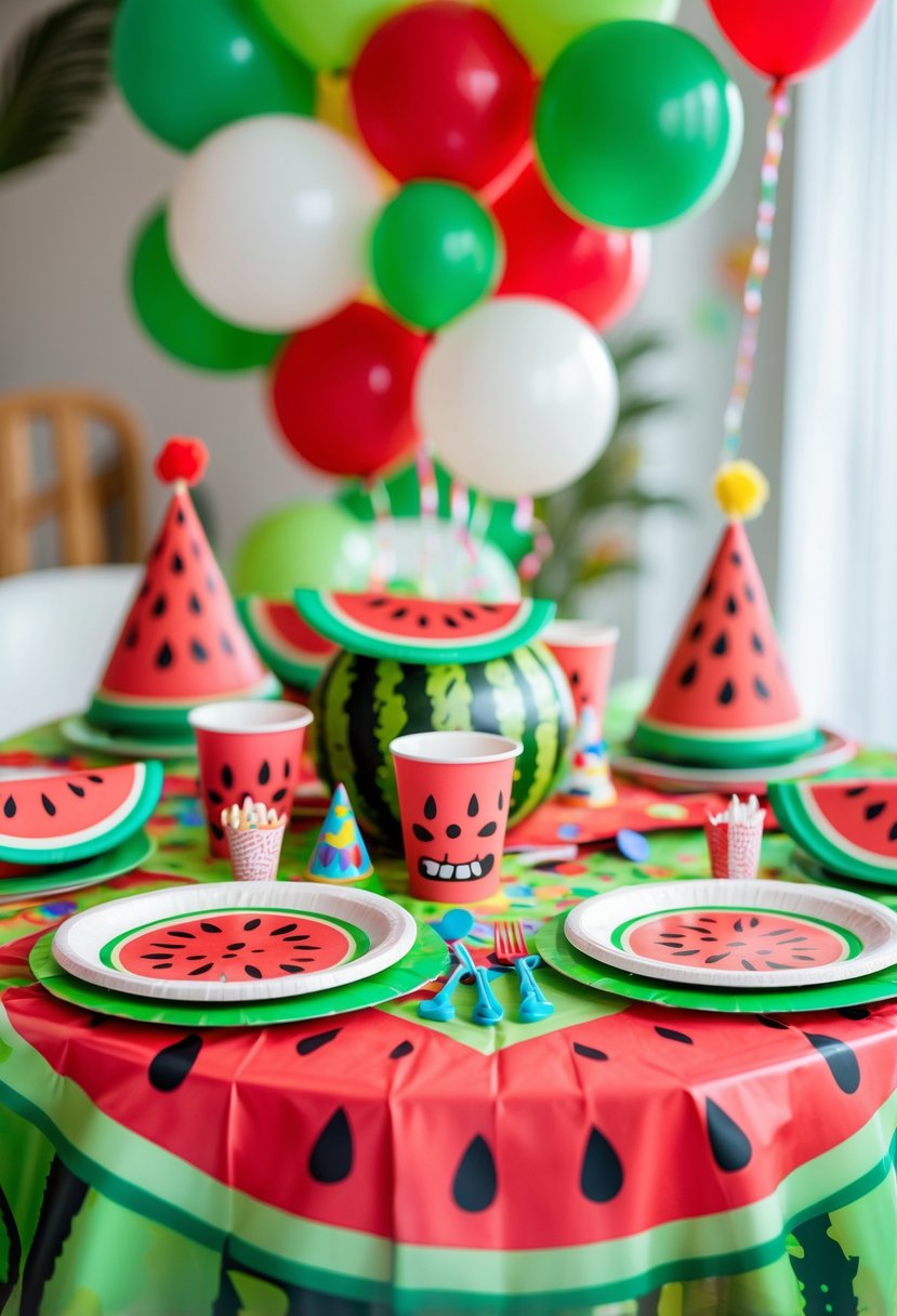 A children's birthday party table decorated with a watermelon-themed tablecloth, colorful party supplies, balloons, and festive decorations.