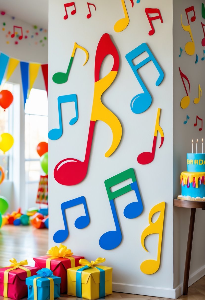 A birthday party setup with colorful musical note wall decals on a light wall, balloons, and a decorated table with a birthday cake.