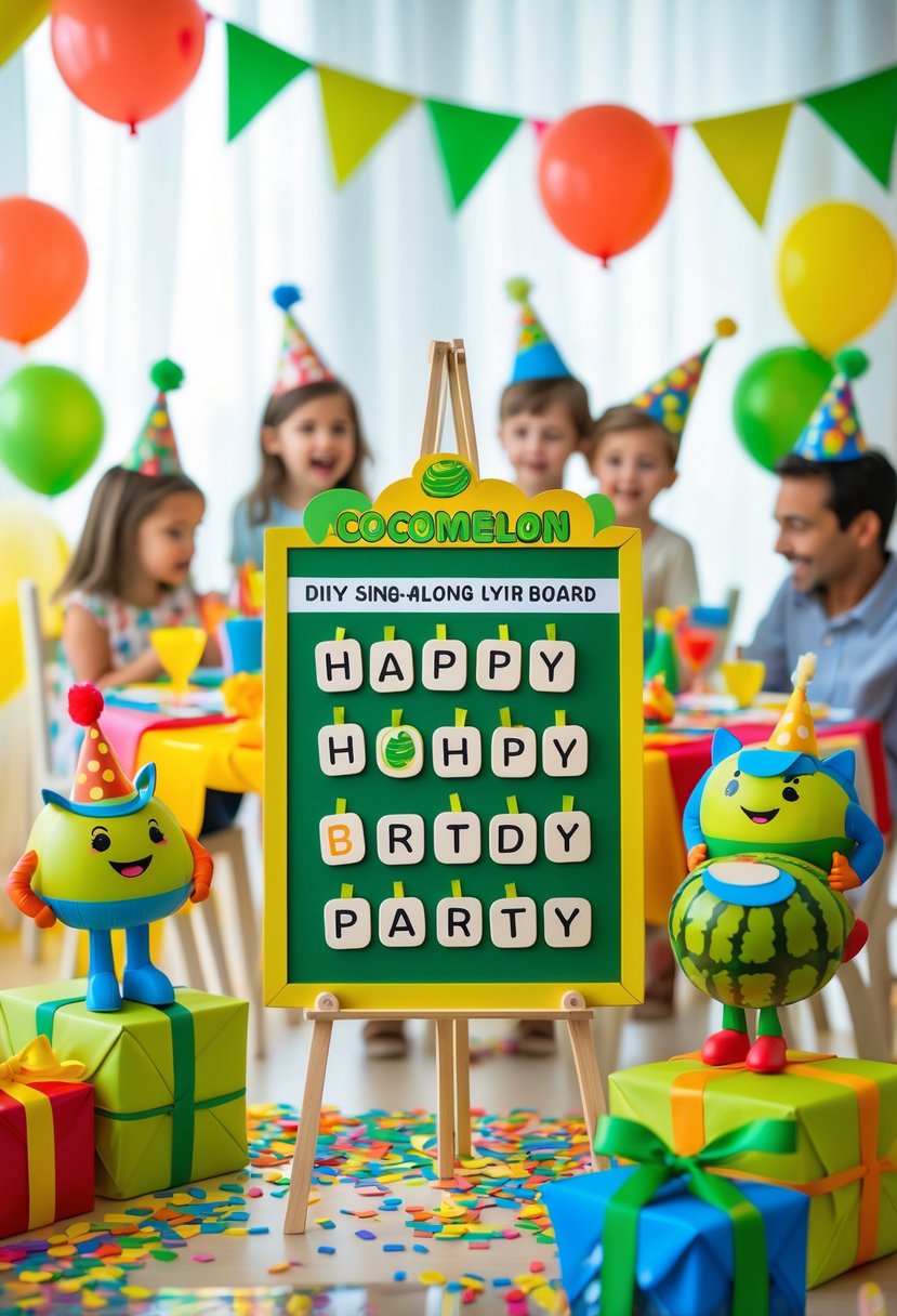 A colorful children’s birthday party scene with a DIY sing-along lyric board surrounded by CoComelon-themed decorations and happy children celebrating.