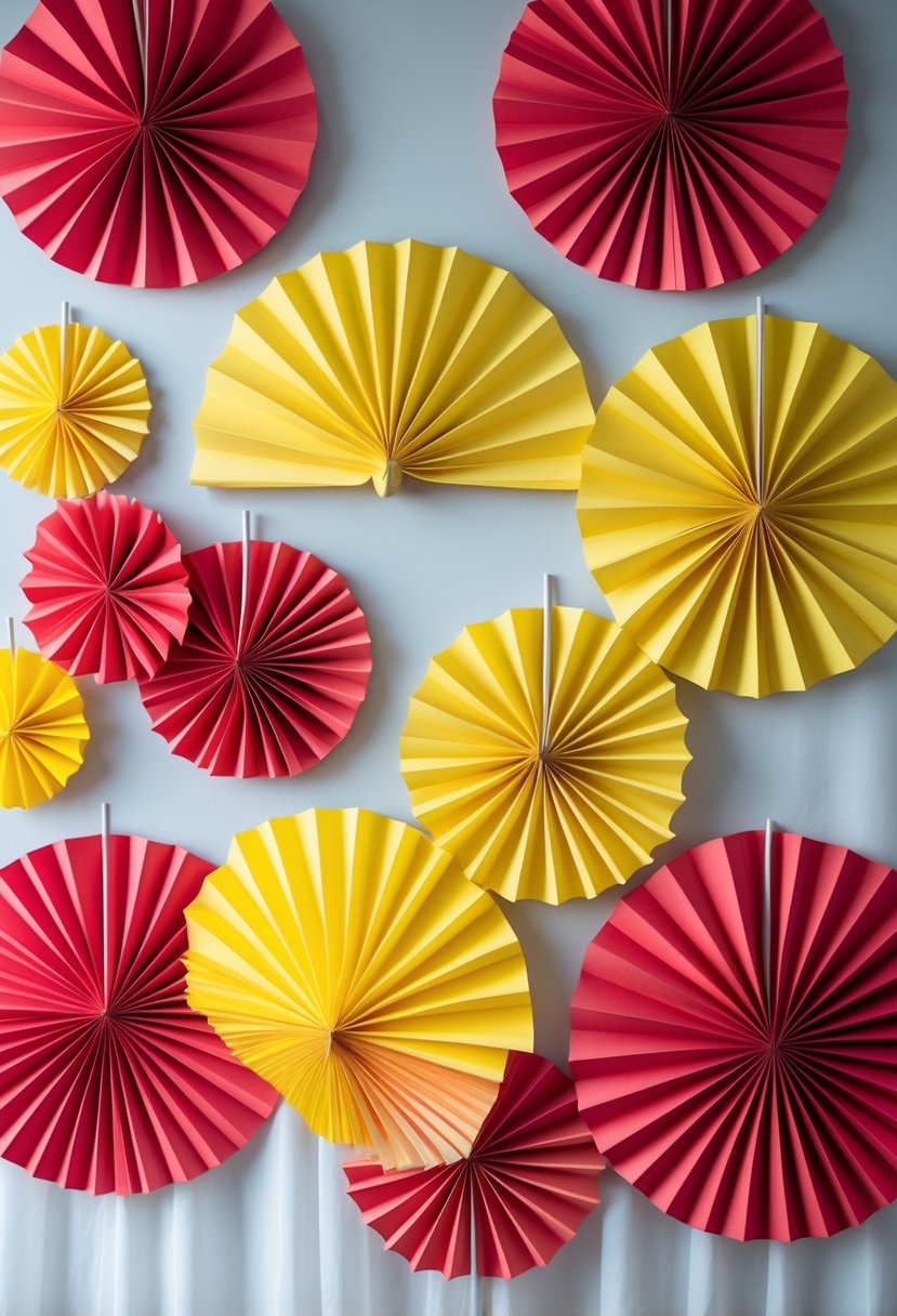 Bright red and yellow paper fans arranged as birthday party decorations.