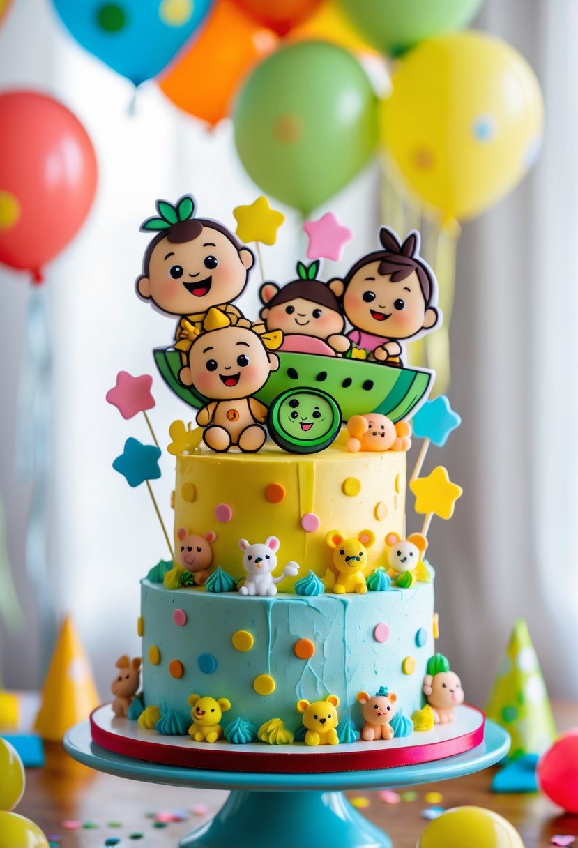 A colorful birthday cake with a custom Cocomelon-themed cake topper surrounded by matching party decorations.