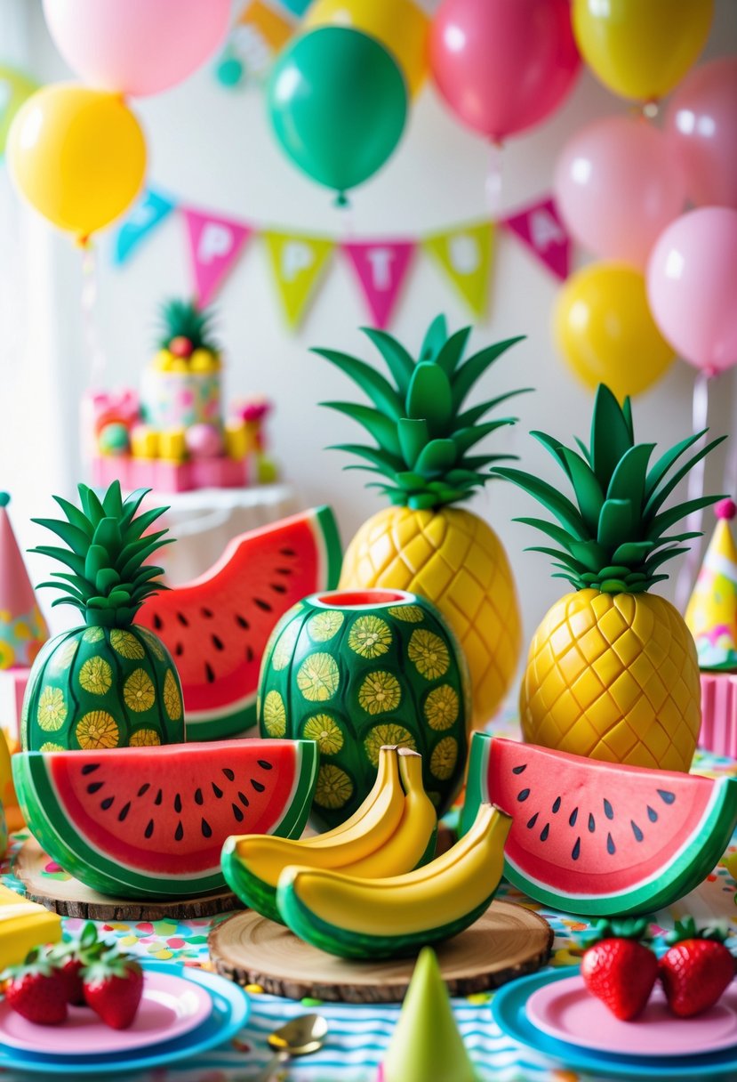 A table decorated with colorful fruit-shaped centerpieces including watermelon, pineapple, strawberry, and banana for a child's birthday party, surrounded by balloons and party decorations.