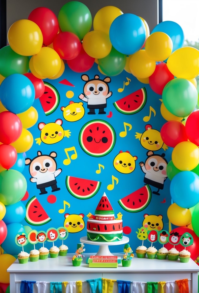 A colorful Cocomelon-themed photo booth with balloons, character decorations, party props, cupcakes, and a birthday cake arranged for a child's birthday celebration.
