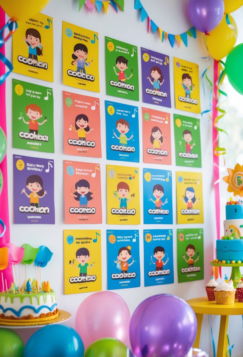 A children's birthday party area decorated with colorful CoComelon-themed posters and festive decorations including balloons and a birthday cake.