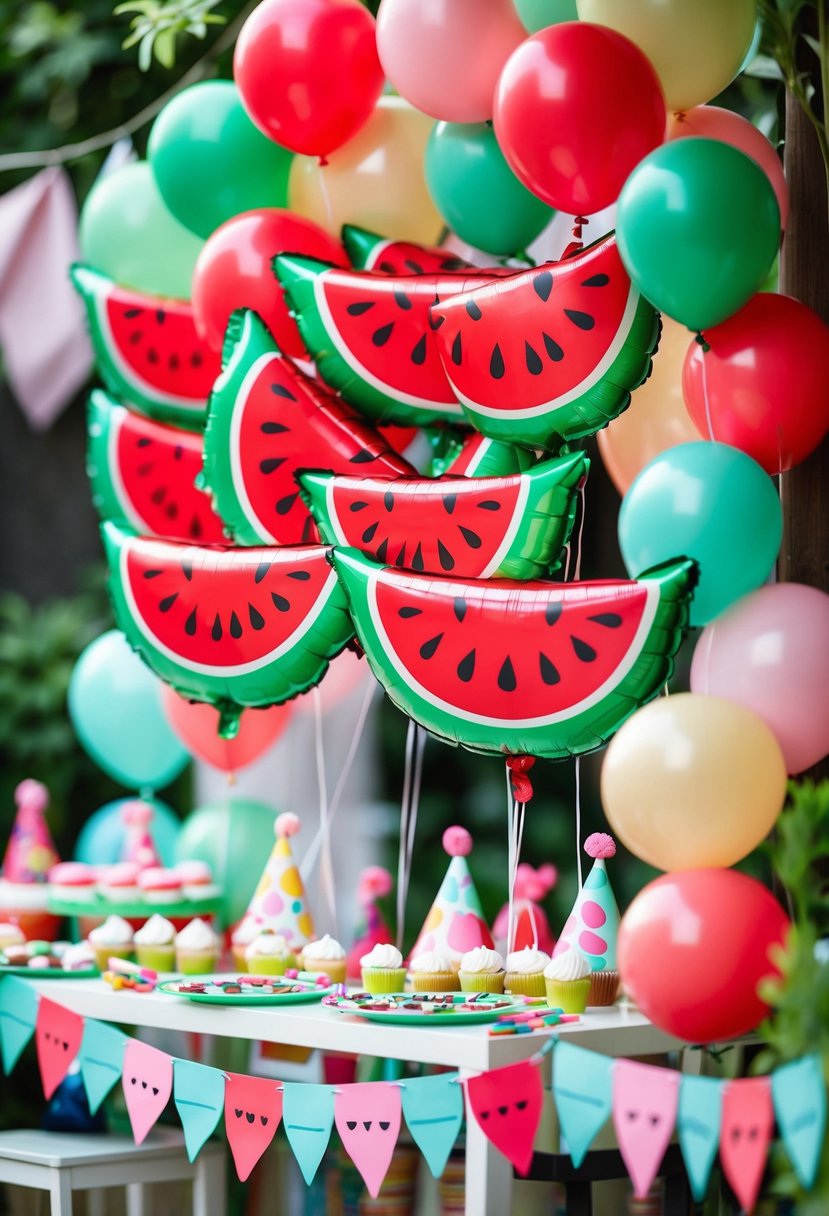 A colorful birthday party setup with watermelon slice balloons and CoComelon decorations outdoors.