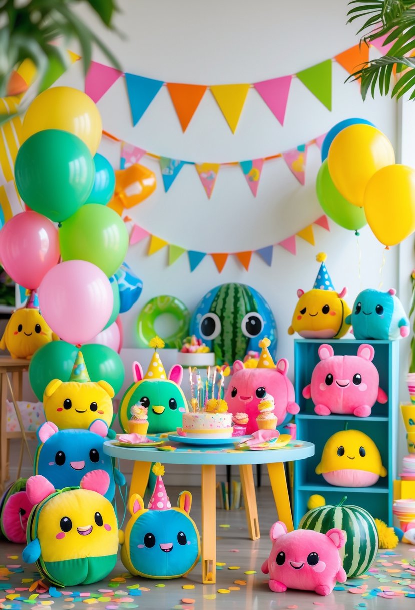 A children's birthday party setup with colorful character plush toys, balloons, and festive decorations.