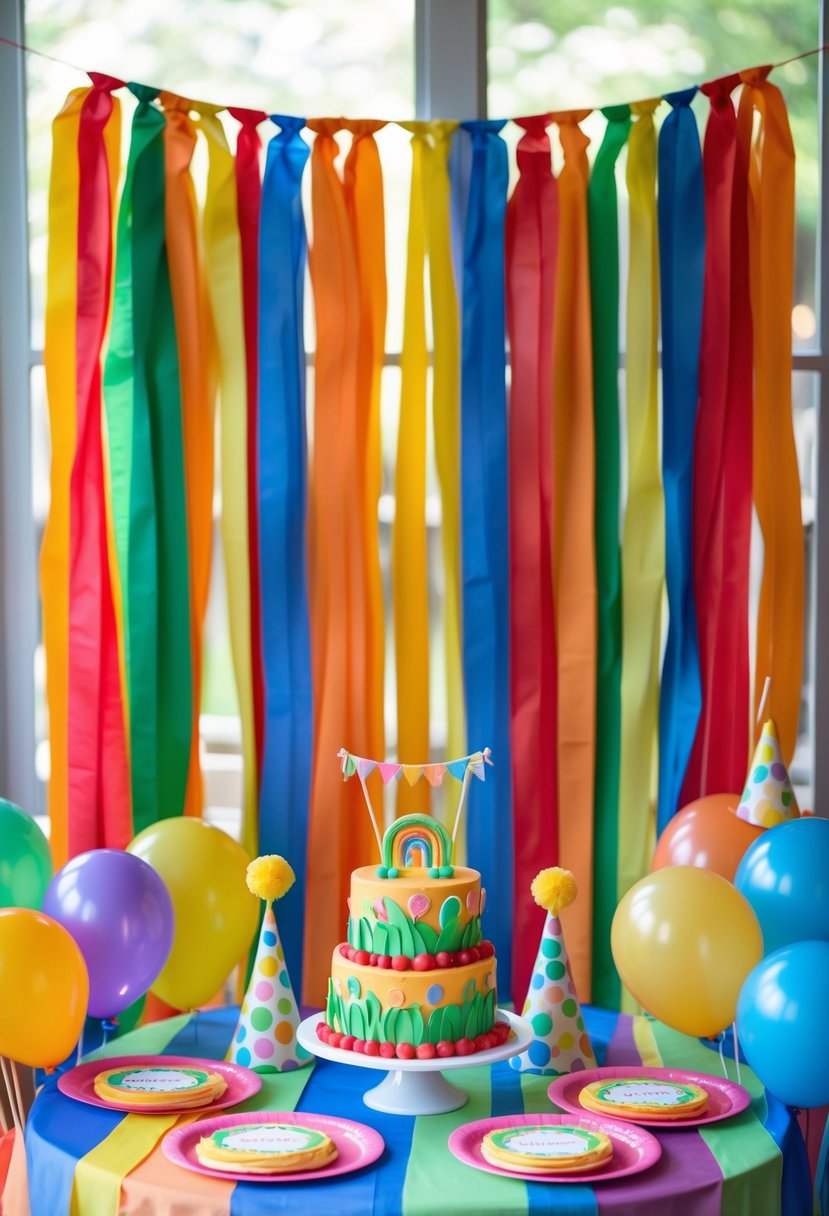 A colorful birthday party setup with a rainbow streamer backdrop and CoComelon-themed decorations including balloons, party hats, and a small birthday cake.