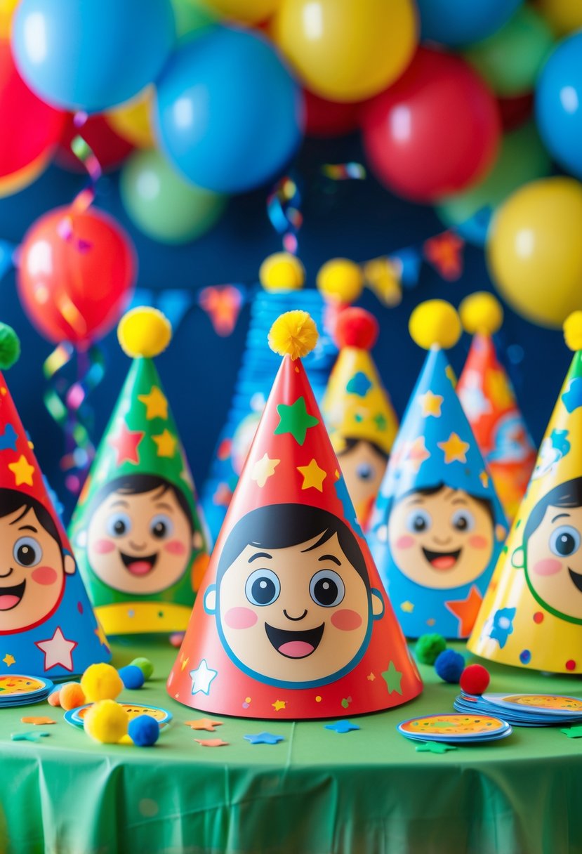 A table with colorful party hats featuring a cartoon child's face, surrounded by birthday decorations including balloons and streamers.