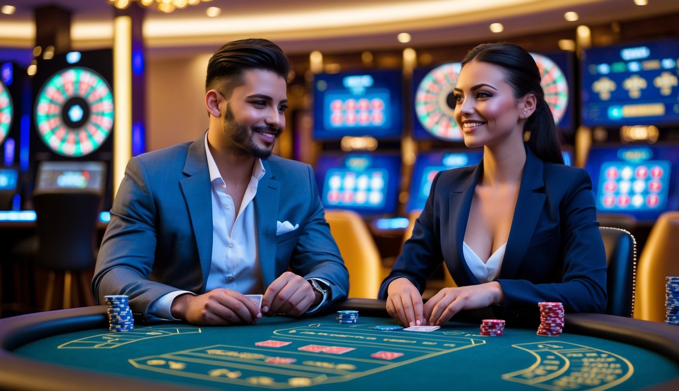 Seorang pria dan wanita duduk di meja kasino live dengan kartu dan chip, suasana kasino mewah di latar belakang.