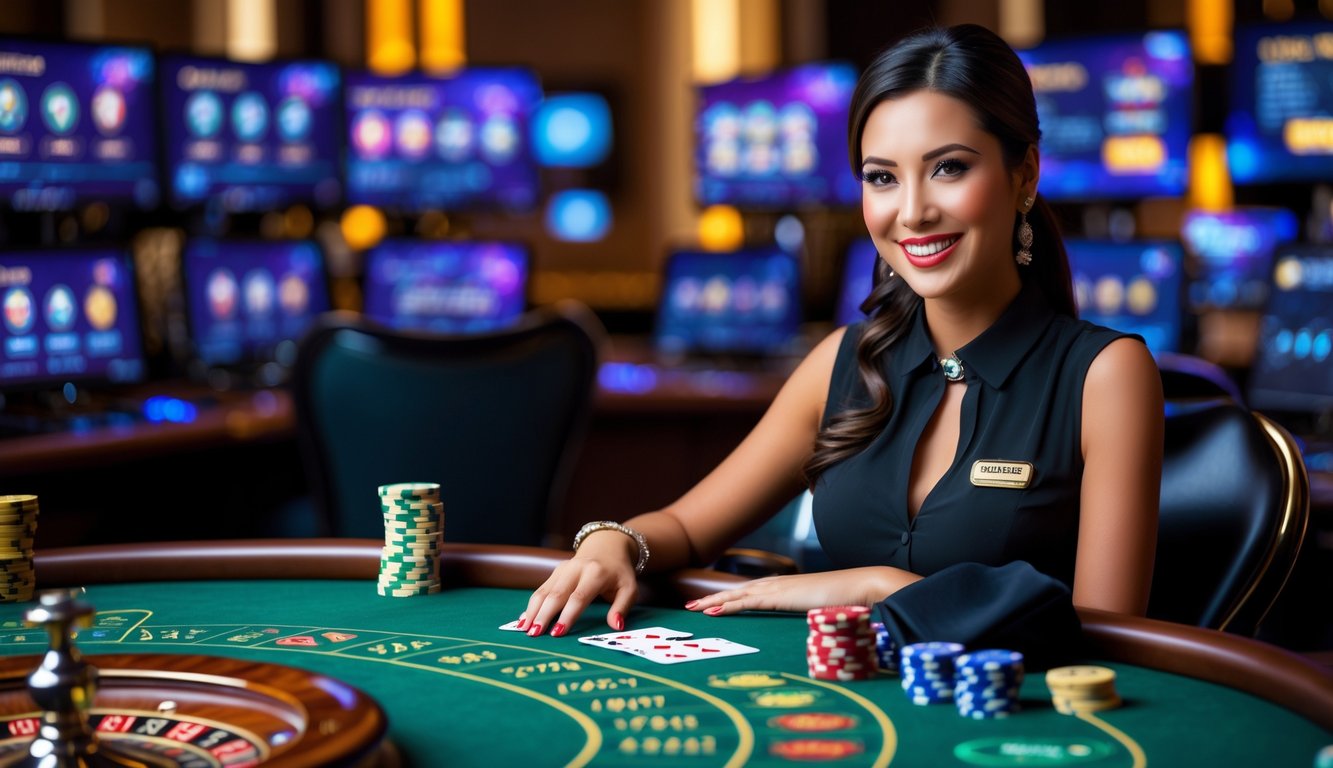Seorang dealer wanita duduk di meja kasino dengan kartu dan chip, di latar belakang terdapat layar komputer yang menampilkan permainan kasino langsung.