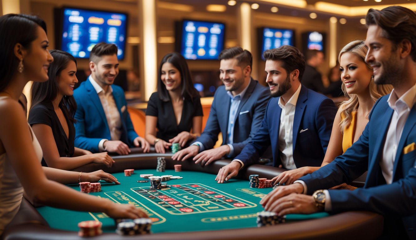 Orang-orang sedang bermain permainan kasino secara langsung di meja permainan yang modern dan ramai.