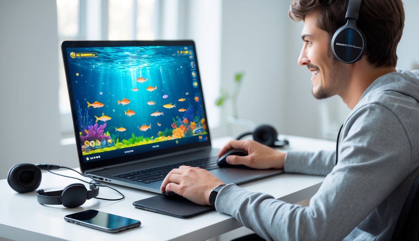 Seorang pria muda duduk di meja dengan laptop, bermain permainan tembak ikan online dengan ekspresi fokus dan antusias.