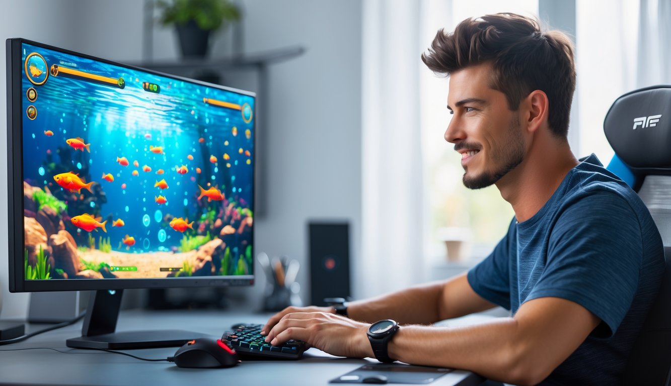 Seorang pria muda duduk di meja dengan komputer, fokus bermain permainan tembak ikan online dengan latar ruang kerja yang rapi.