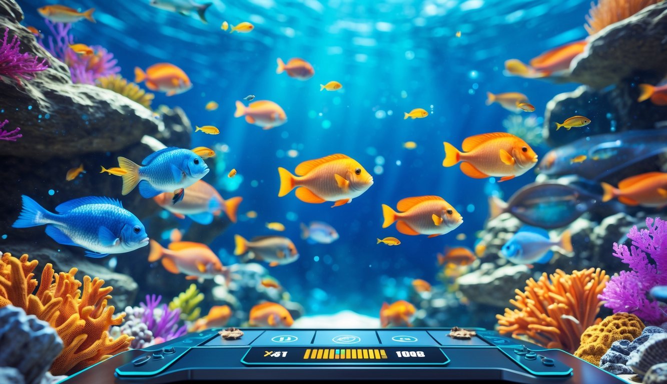 Layar permainan ikan online dengan latar bawah laut penuh terumbu karang dan ikan warna-warni yang berenang.