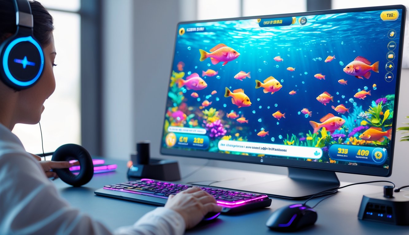 Seseorang bermain permainan tembak ikan online dengan layar menampilkan ikan berwarna-warni dan efek visual menarik.