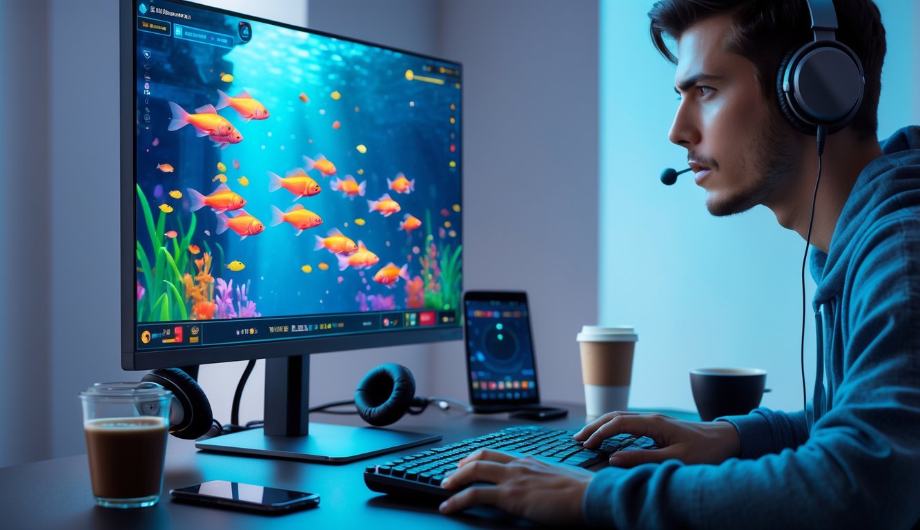 Seorang dewasa muda fokus bermain permainan tembak ikan online di komputer dengan pencahayaan biru dan layar penuh warna ikan bergerak.