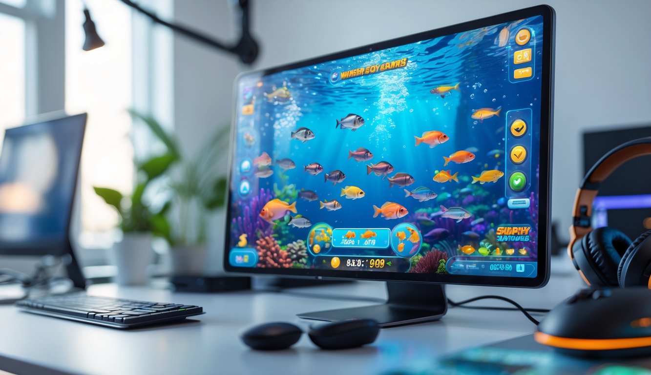 Seseorang bermain permainan tembak ikan online di layar komputer dengan gambar ikan berwarna-warni dan kontrol permainan terlihat.