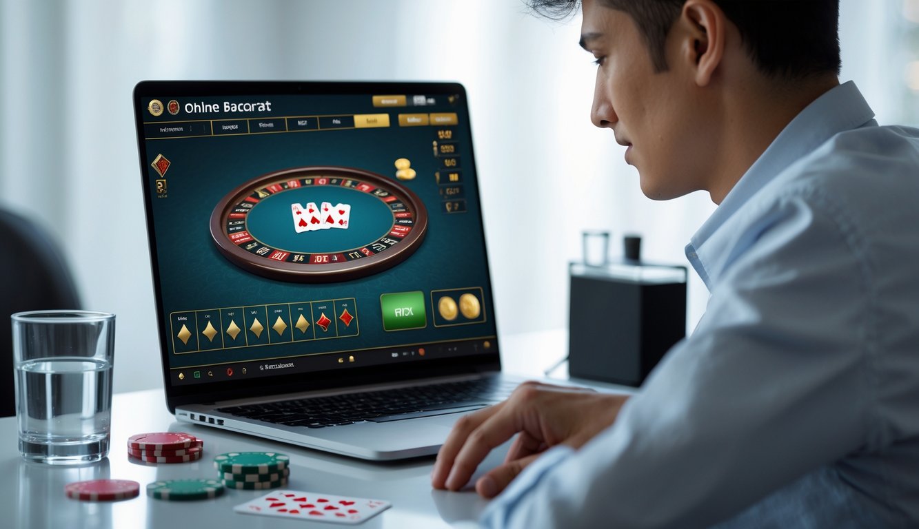 Seorang pemuda sedang bermain permainan baccarat online di depan layar komputer dengan suasana yang tenang dan fokus.