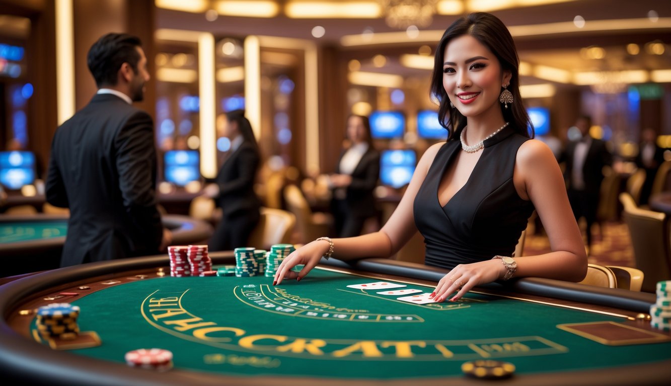 Seorang dealer wanita sedang melayani permainan baccarat langsung di meja kasino dengan suasana mewah.