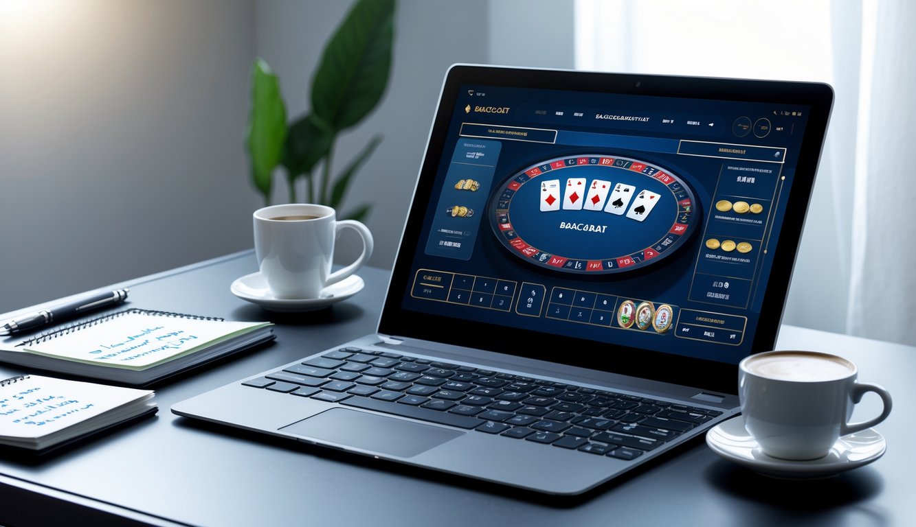 Seorang pemain sedang menggunakan laptop dengan tampilan permainan baccarat online, di meja terdapat catatan dan cangkir kopi.