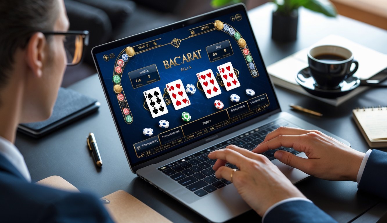 Seorang pemain sedang fokus bermain baccarat online di depan layar komputer dengan kartu dan chip taruhan terlihat, di meja terdapat alat tulis dan kopi.