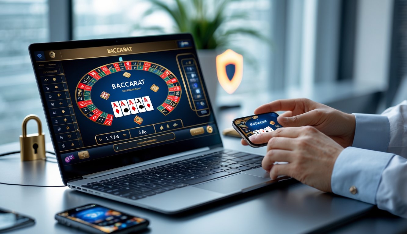 Tangan seseorang sedang menggunakan laptop dan ponsel yang menampilkan permainan baccarat online di meja kerja modern.